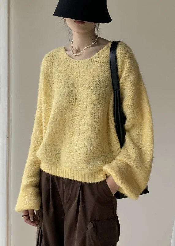 Warm Winter Series Yellow Solid Cotton Knit Pullover Sweater V Neck Winter