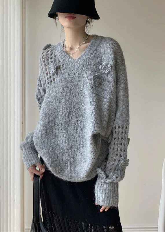 Sporty Wear Grey Hollow Out Cozy Cotton Knit Winter Sweater V Neck