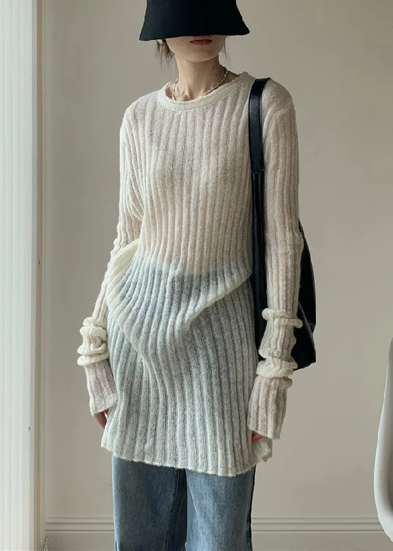 Cozy Essentials Simple White O-Neck Solid Thin Knit Sweater Dress Fall