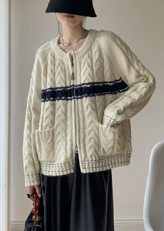 Simple Chic French Beige Zip Up Cozy Knit Sweater Winter