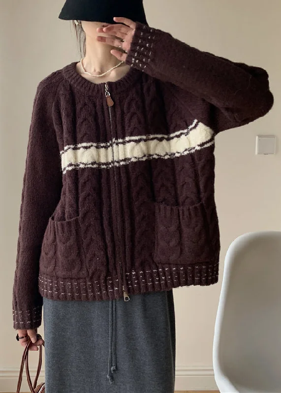 Casual Fit Wear Coffee Pockets Patchwork Knit Winter Sweater Zip Up