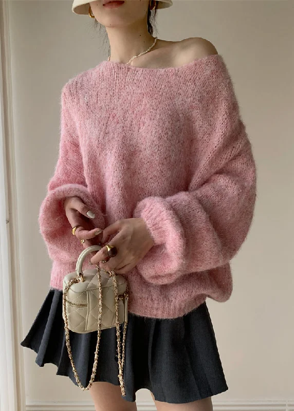 Elegant And Lazy Simple Pink V Neck Cozy Cotton Knit Sweaters Winter