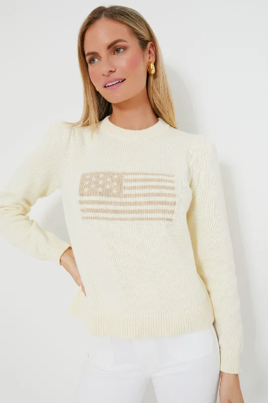 Ultra-lightweight Ivory and Sandstone Cropped Puff Sleeve Americana Sweater