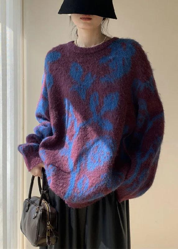 Elegant And Lazy Jacquard Blue O Neck Cozy Cotton Knit Sweater Winter