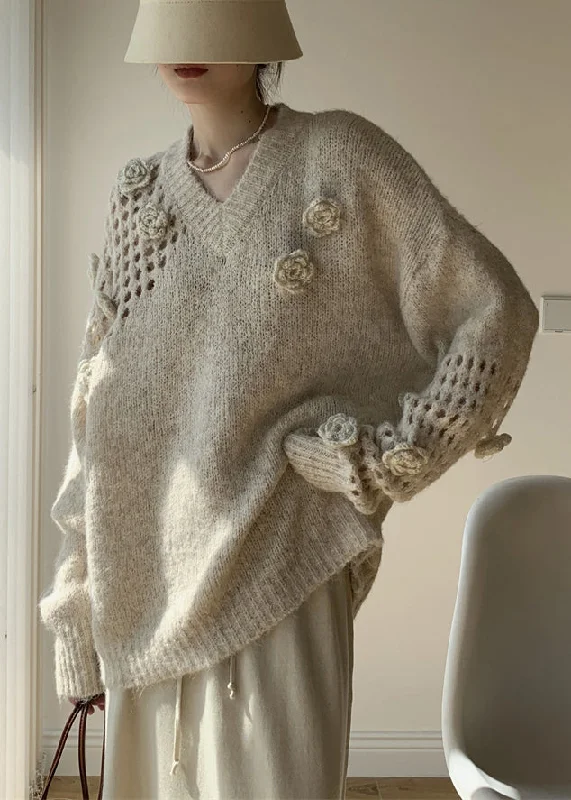 Versatile Casuals Floral Apricot V Neck Hollow Out Cotton Knit Sweater Winter