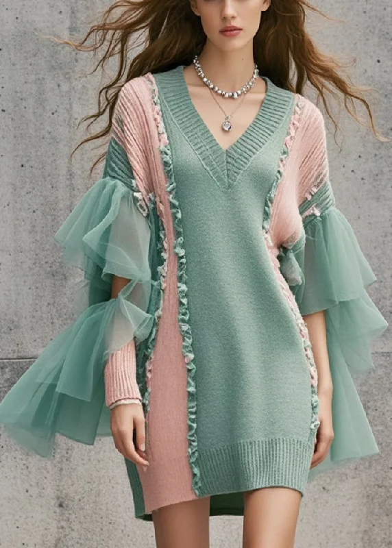Unique Prints DIY Green Ruffled Patchwork Tulle Long Sweater Fall