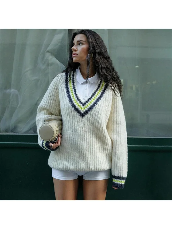 Fashionable Items Knitted Colorblock Striped Trim V Neck Sweater