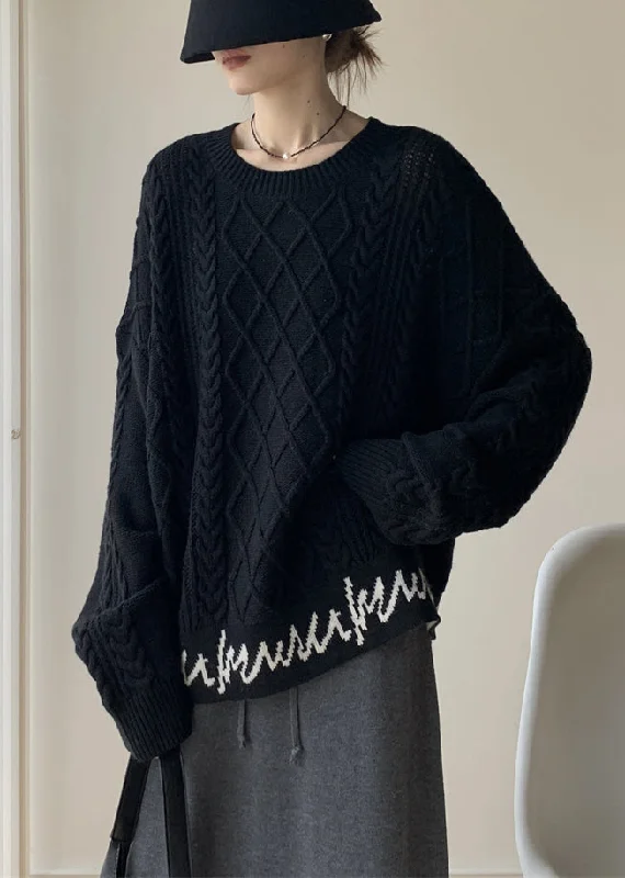 Comfortable Fitwear French Black O-Neck Letter Cable Knit Sweaters Winter