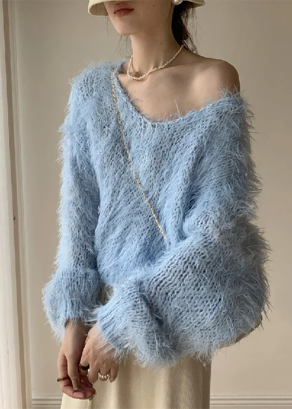 Relaxed Fashion Sky Blue Hollow Ou Knit Sweater V Neck Batwing Sleeve