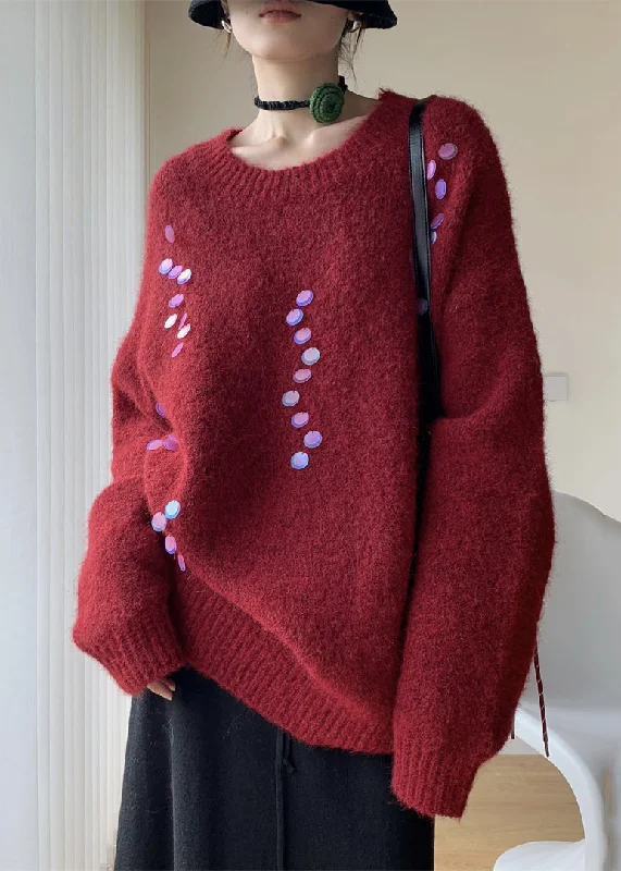 Warm Chic Outfits New Red O Neck Sequins Thick Cotton Knit Sweaters Winter