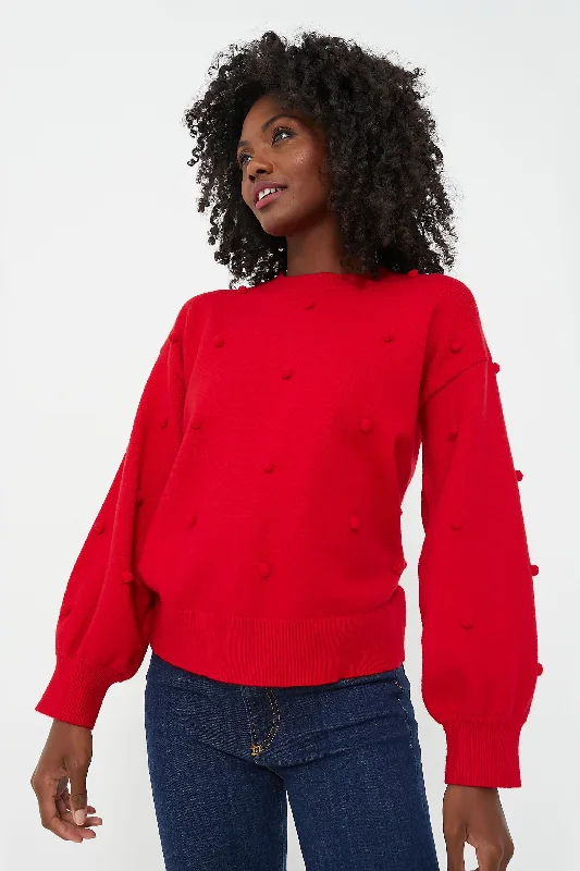 Comfortable Chic Red Pom Pom Melinda Crewneck Sweater