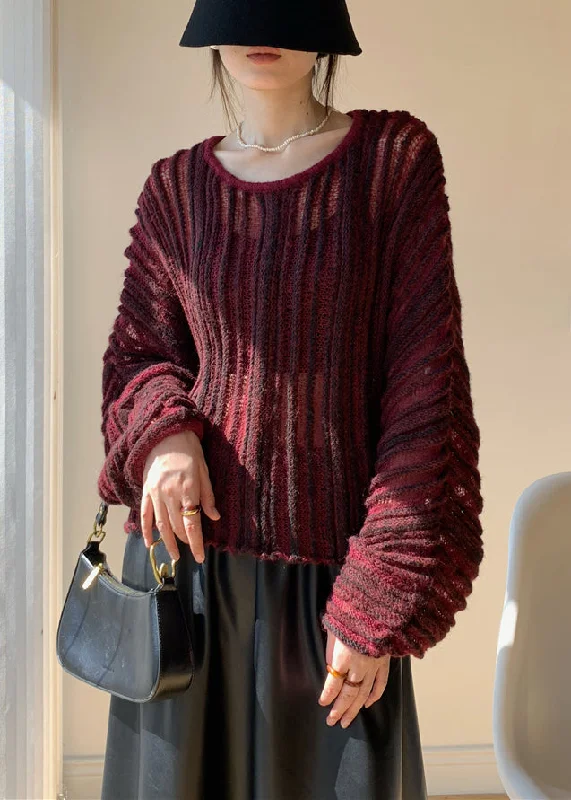 Classic Style Loose Wine Red O Neck Striped Knit Sweaters Winter
