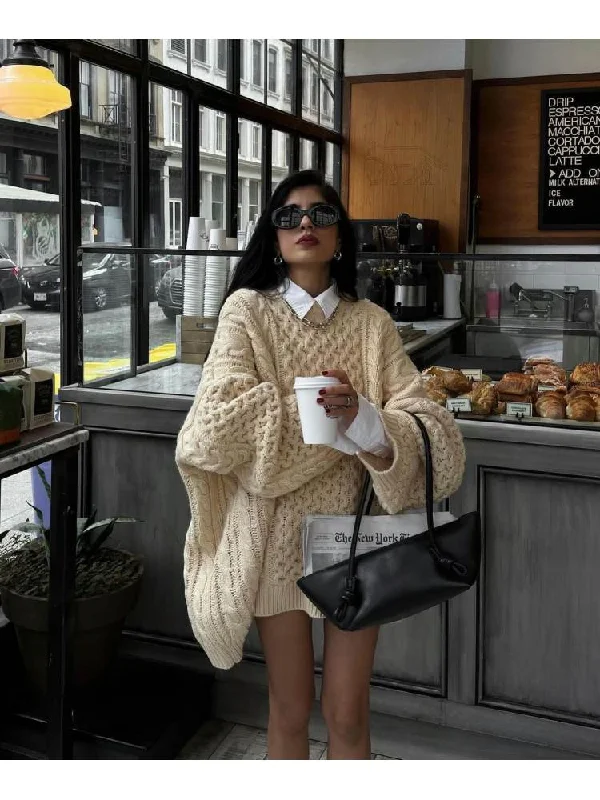 Sporty Comfort Ribbed Cabe Knit Loose Pullover Sweater