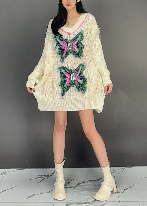 Celebrity Must-have Fashion Beige V Neck Butterfly Knit Sweater Dress Fall
