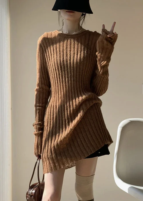 Cozy Fashion Trends Coffee Solid Loose Knit Sweater Mid Dress O-Neck Fall
