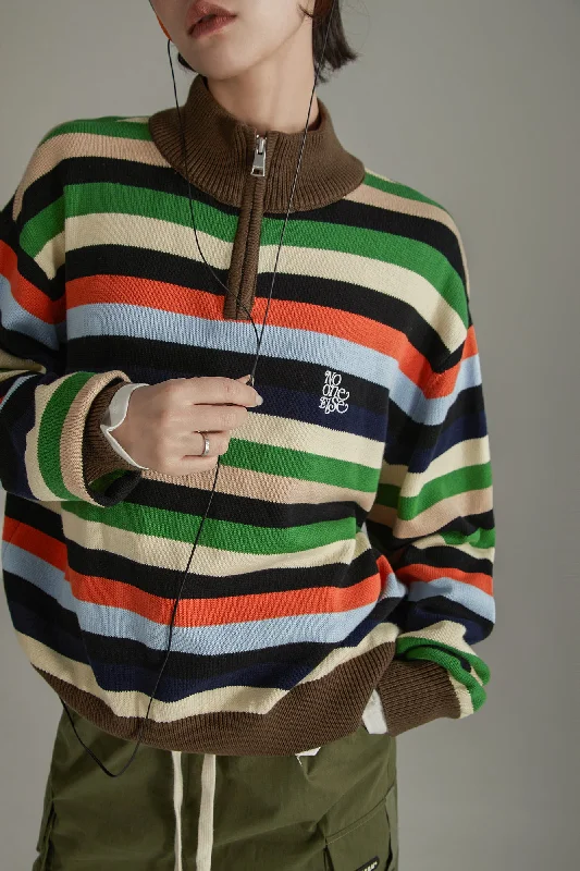 Warm Chic Outfits Rainbow Striped Loose Knit Half Zip Sweater