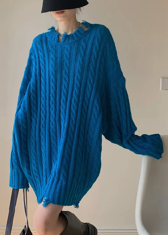 High-end Fabrics Loose Blue Hole Solid Cable Knit Sweaters Winter