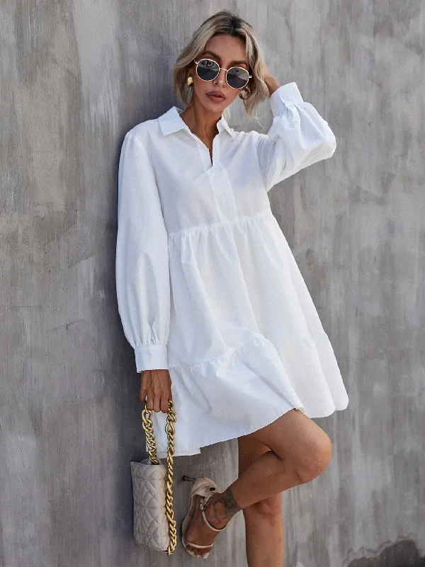 European And American Style Plain Long Sleeve Collar Semi-Sheer Flounce High Waist Short Dress European And American Style Plain Long Sleeve Collar Semi-Sheer Flounce High Waist Short Dress