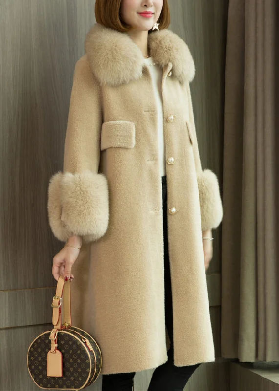 Classic Retro Italian Apricot Fur Collar Pockets Teddy Faux Fur Coats Winter