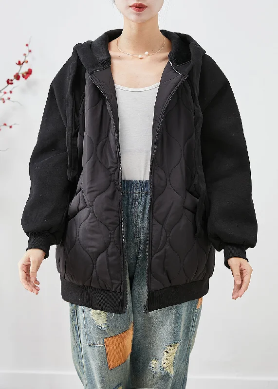 Personalized Design Italian Black Hooded Patchwork Fine Cotton Filled Jackets Winter