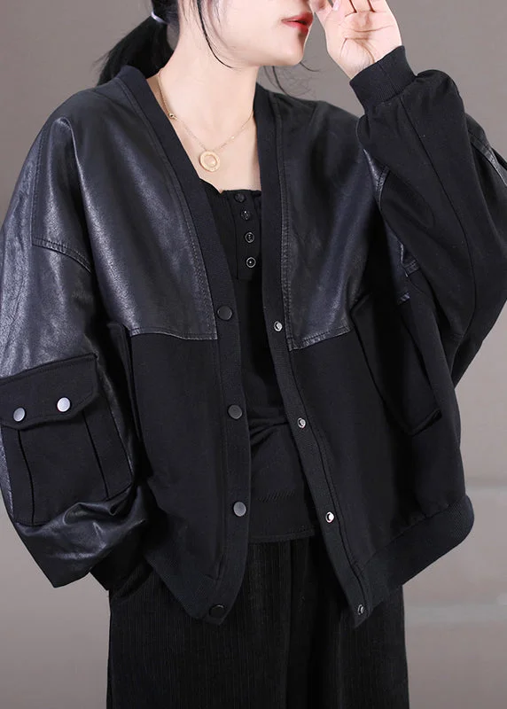 Simple Matching Italian Black V Neck Button Pockets Faux Leather Patchwork Knit Coat Long Sleeve