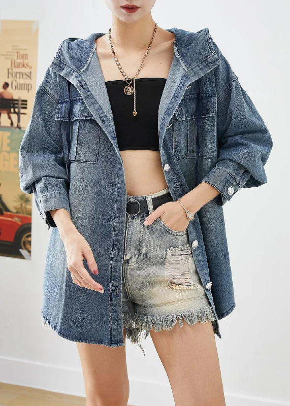 Classic Color Italian Blue Oversized Hooded Pockets Denim Coats Fall