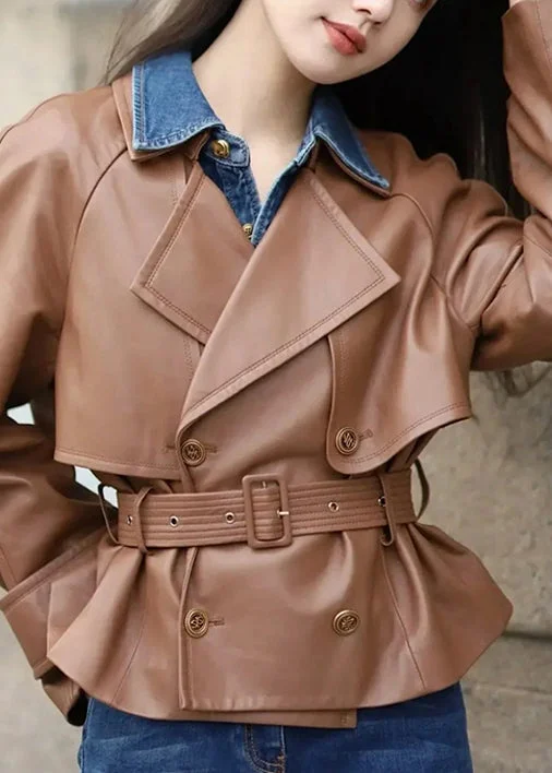 Elegant Design Italian Coffee Peter Pan Collar Tie Waist Faux Leather Coats Fall