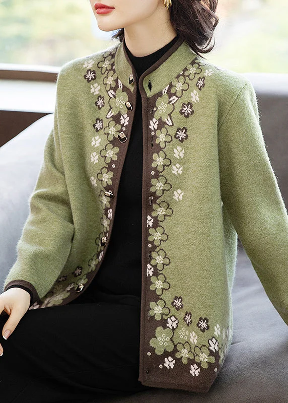 Comfortable Series Italian Green Button Print Patchwork Knit Coats Fall