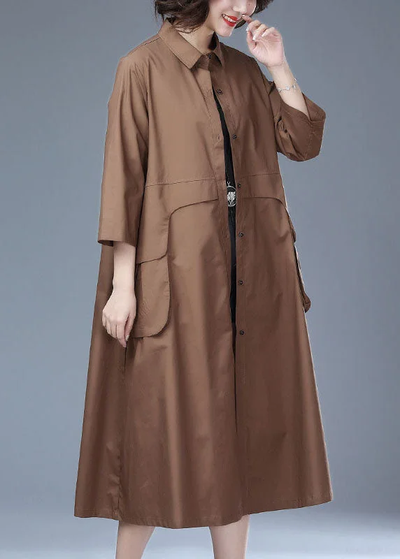 Creative Prints Italian Khaki Peter Pan Collar Button Patchwork Cotton Long Trench Coat Bracelet Sleeve