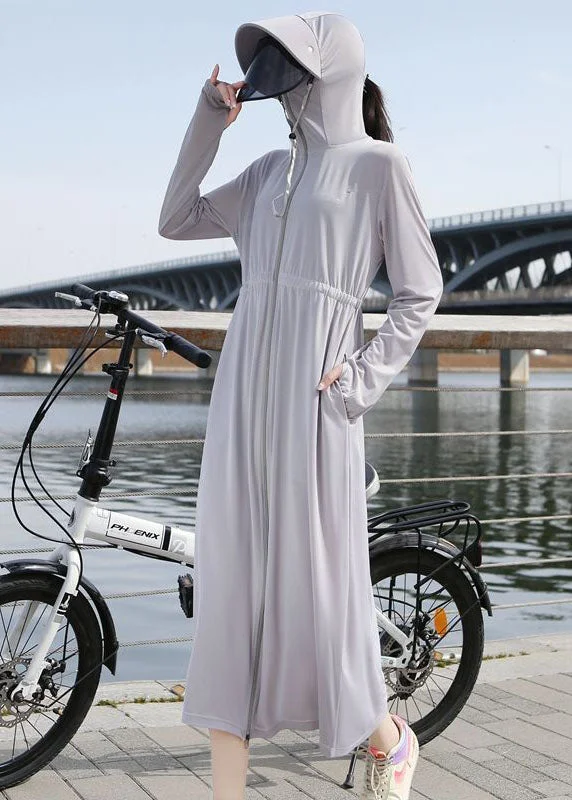 Fresh And Fashionable Italian Light Grey Zip Up Pockets Patchwork Long Ice Silk UPF 50+ Coats Summer
