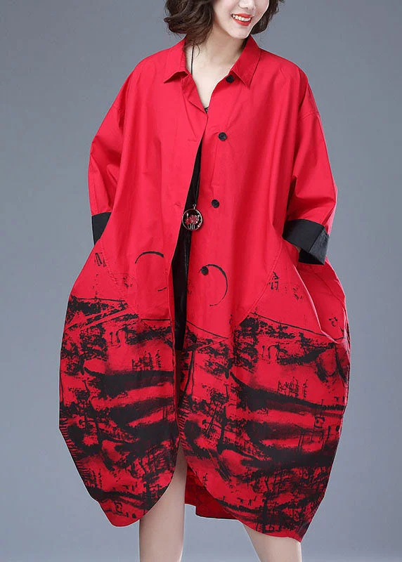 Multifunctional Style Italian Red Print Button Pockets Patchwork Cotton Long Trench Coat Fall