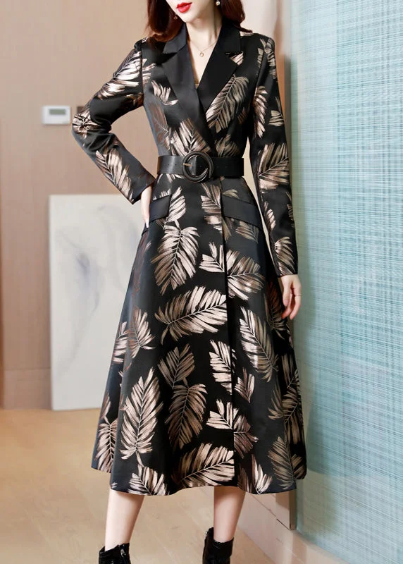 Versatile Items Jacquard Black Sashes Pockets Cotton Long Trench Coat Fall