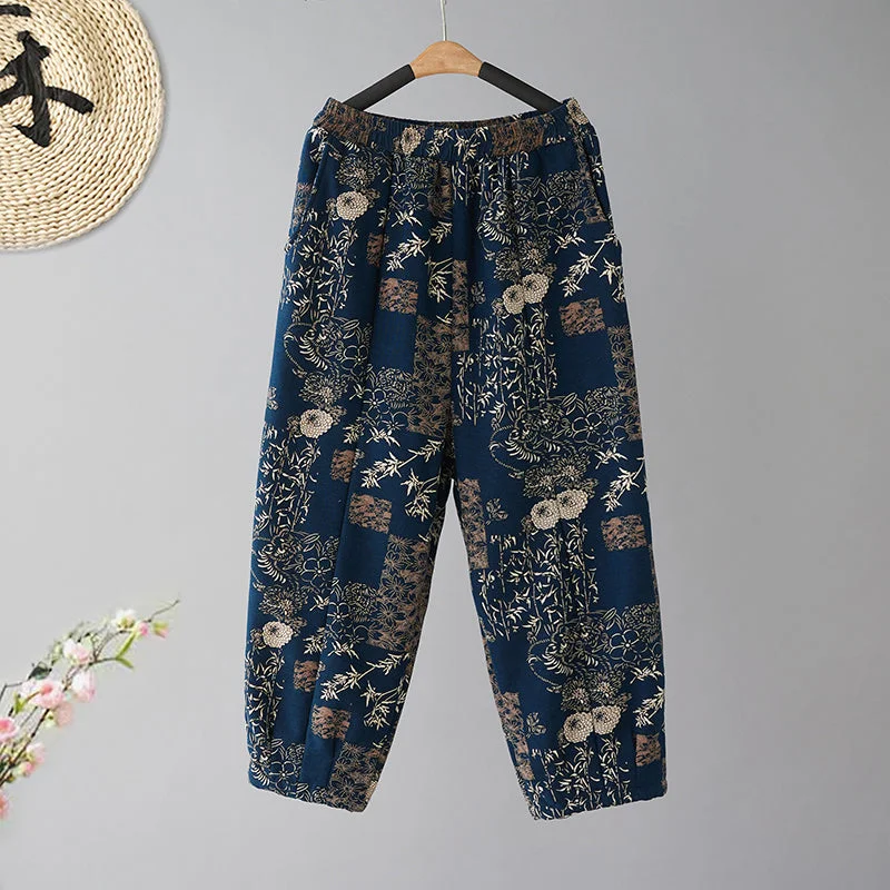 Wandering freely Babakud Women Winter Retro Fleece-Lined Cotton Linen Casual Loose Pants