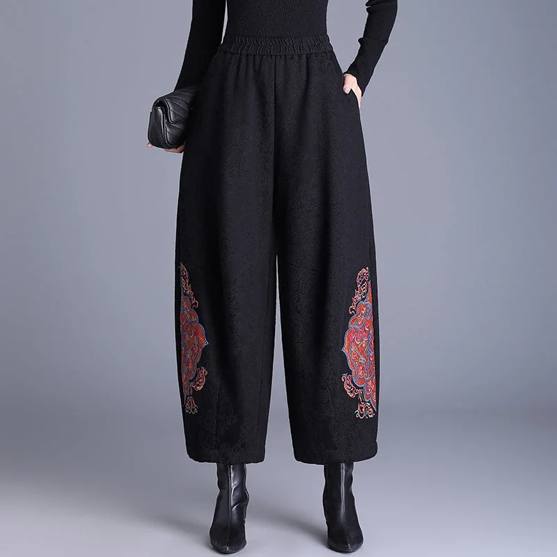 Everyday Chic Babakud Women Winter Retro Fleece-Lined Embroidered Cotton Linen Wide-Leg Pants