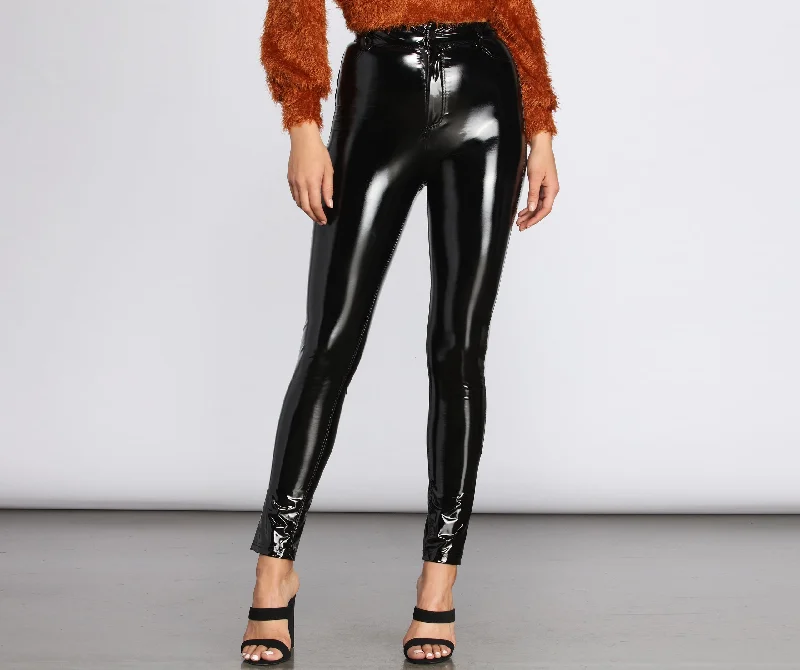 Elegant Style High Waist Patent PU Skinny Pants