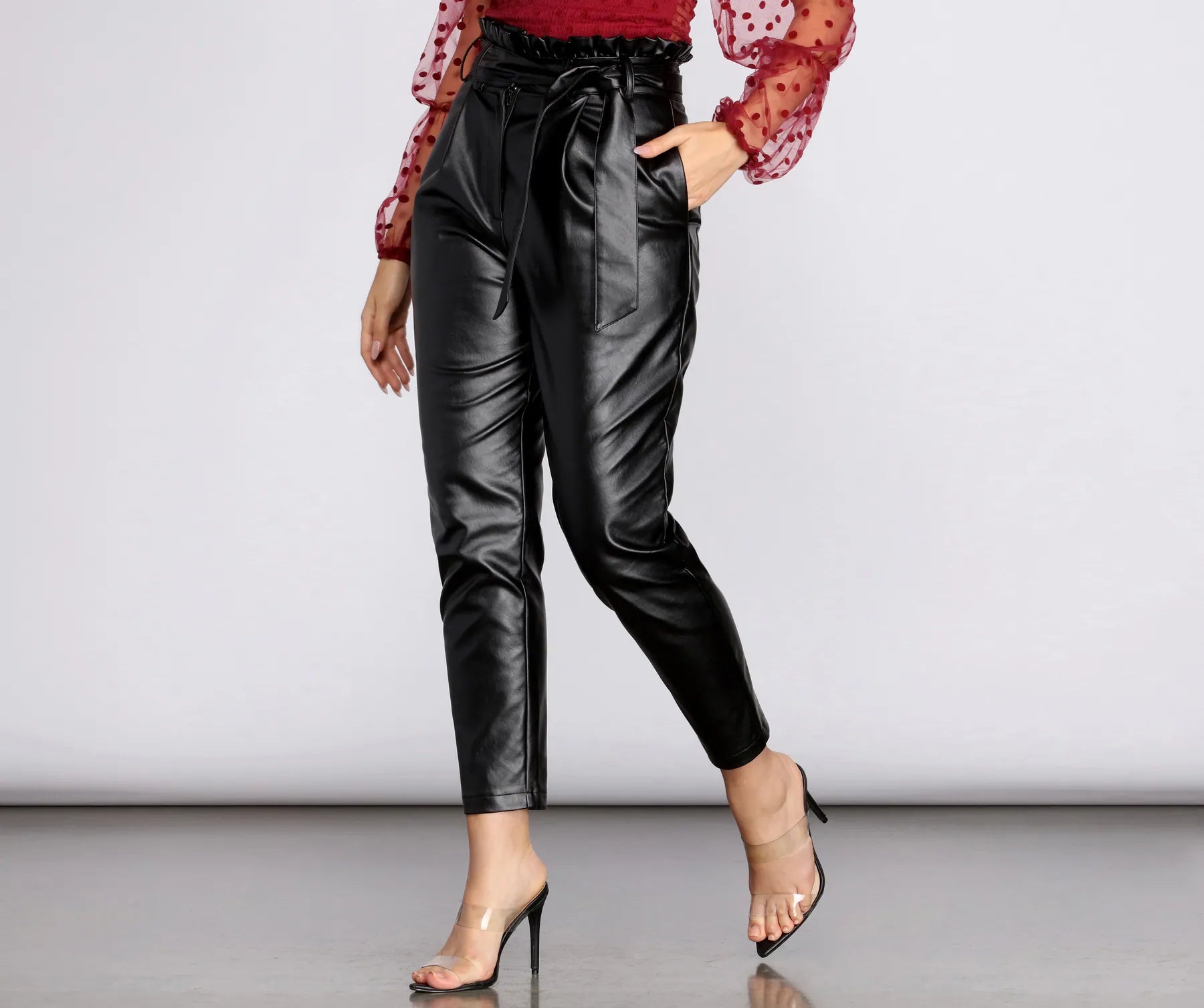 Slim Fit Paper Bag Tie Waist PU Tapered Pants