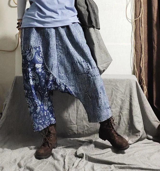 Light Layers Trendy Vintage Denim Patchwork Printed Drop-Crotch Pants