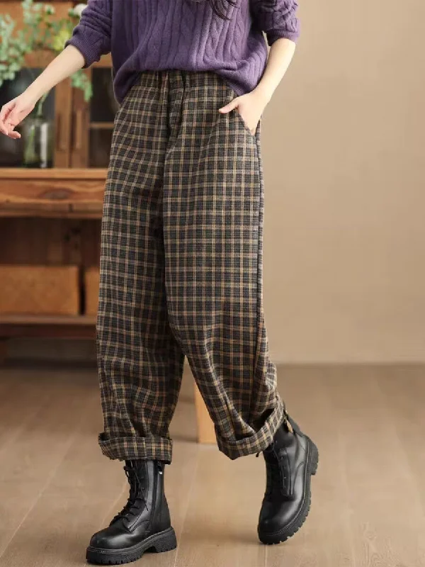 Trendy Comfort Wear Women Retro Plaid Thickened Woolen Wide-Leg Casual Pants