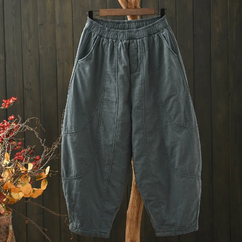 Cozy Fashions Women Winter Minimalist Patchwork Cotton-Linen Quilted Harem Pants