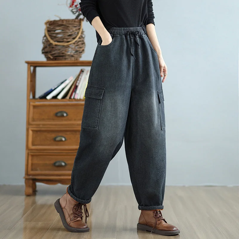 Cozy Essentials Wear Women Winter Retro Plus-Size Fleece-Lined Relaxed Fit Thick Harem Pants