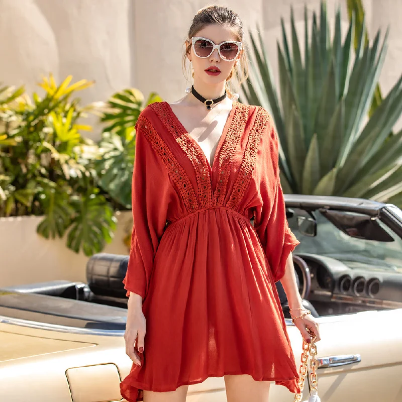 Casual Street KittenAlarm - Women Deep V-Neck Boho Dress Solid High Waist Midi Dress 3/4 Sleeve