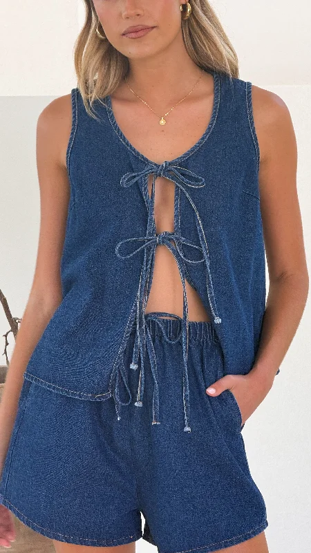Minimal Style Cady Tie Top & Shorts Set - Dark Denim
