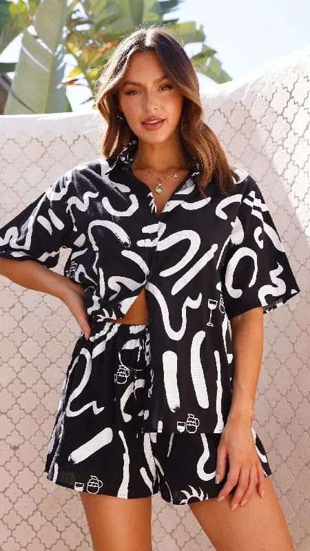 Leisure Sports Charli Button Up Shirt and Shorts Set - Black/White