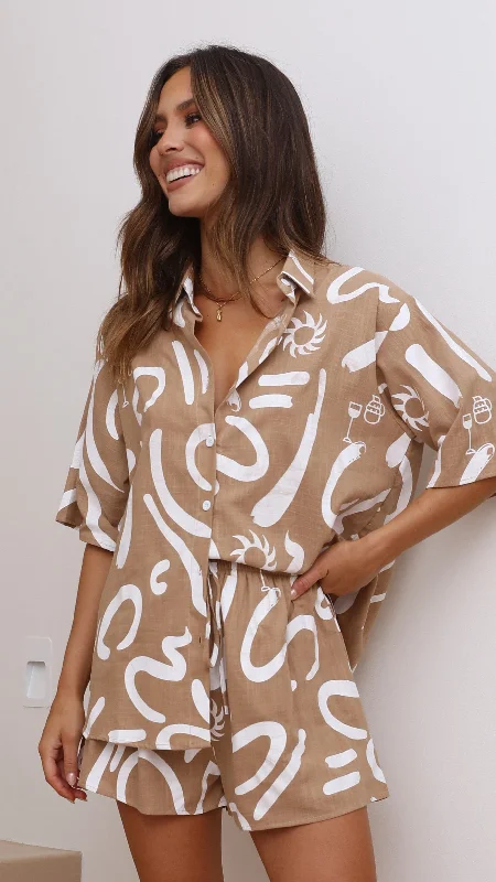 Quality Tailoring Charli Button Up Shirt and Shorts Set - Tan/White