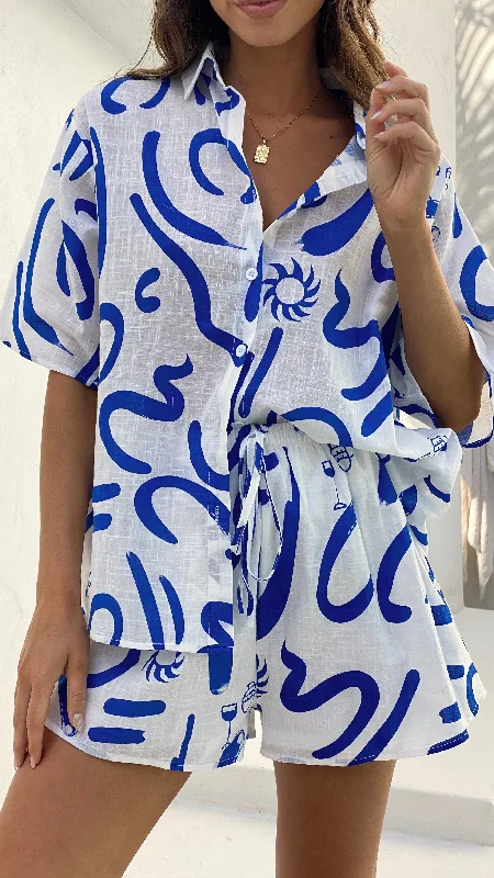 Fashionable Items Charli Button Up Shirt and Shorts Set - White/Blue Swirl