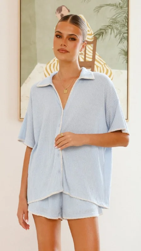 Embroidered Letters Eden Knit Top and Shorts Set - Blue
