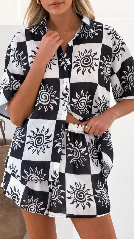 Casual Comfort Wear Myra Button Up Shirt and Shorts Set - Black/White