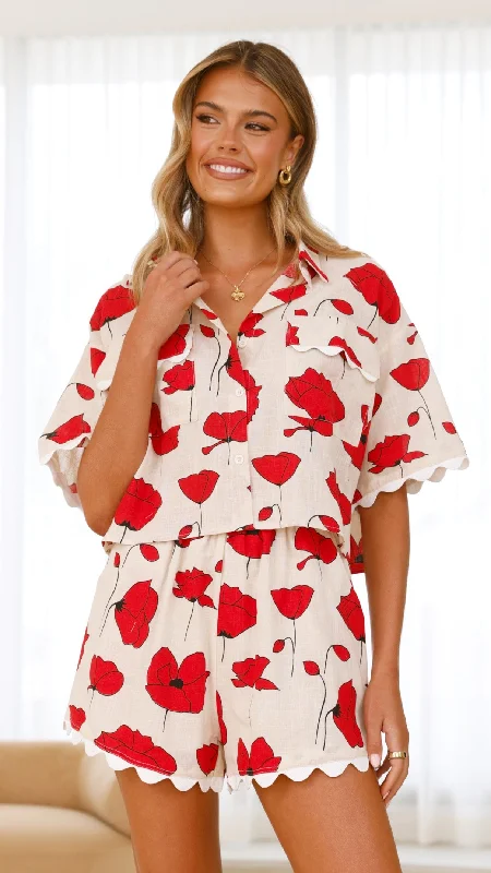 Versatile Items Poppy Button Up Shirt and Short Set - Red/Beige