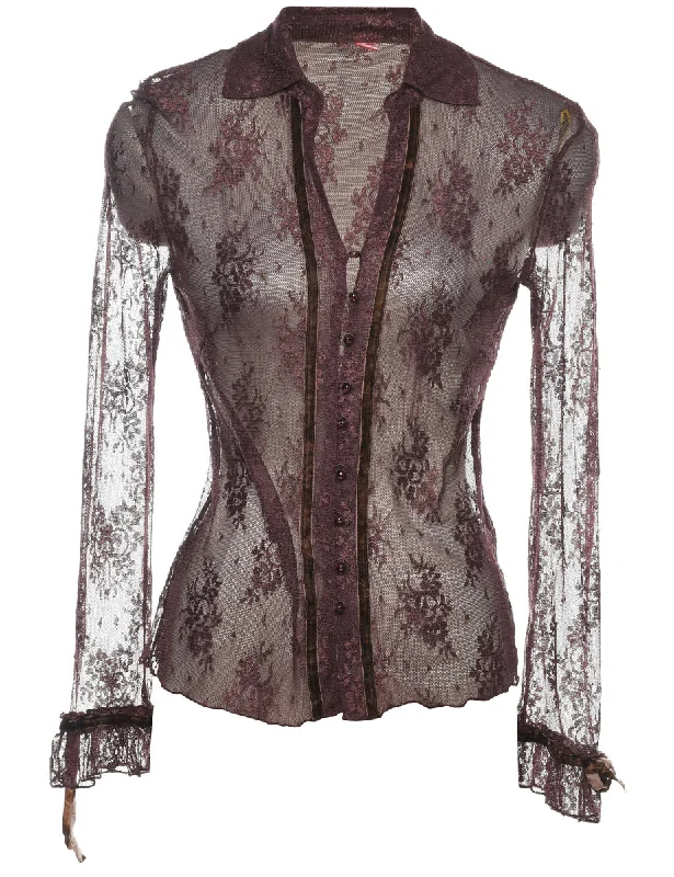 Casual Ease Purple Lace 1990s Sheer Blouse - M