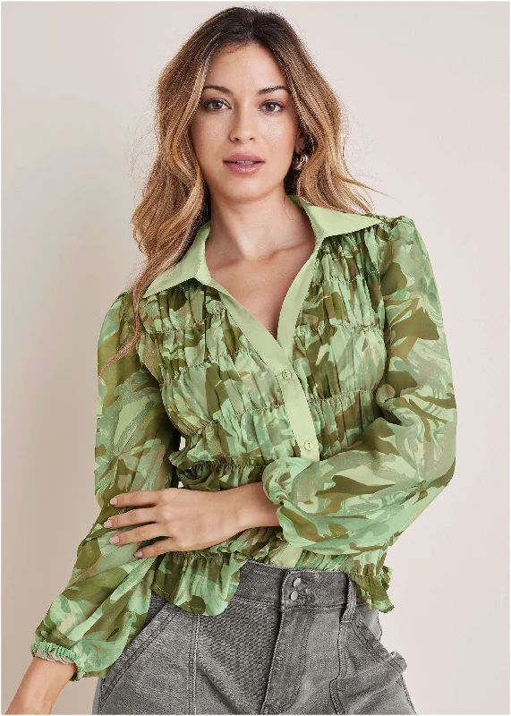 Timeless Outfits Collared Smocked Top - Abstract Camo